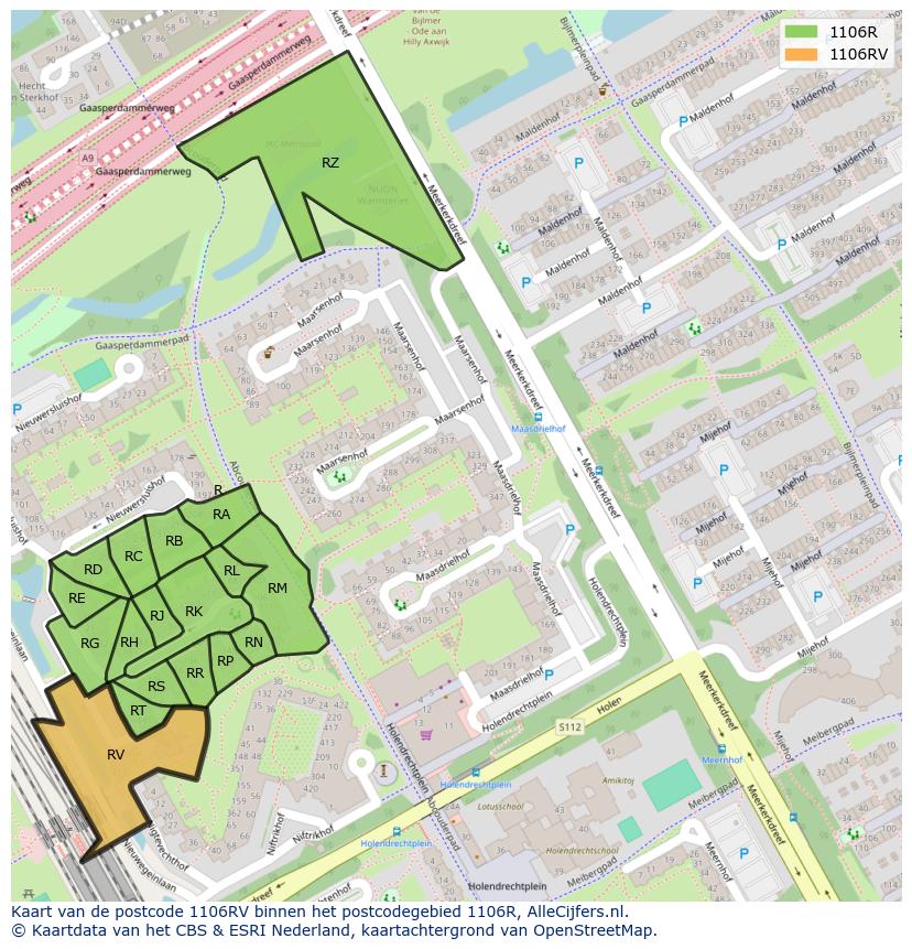 Afbeelding van het postcodegebied 1106 RV op de kaart.