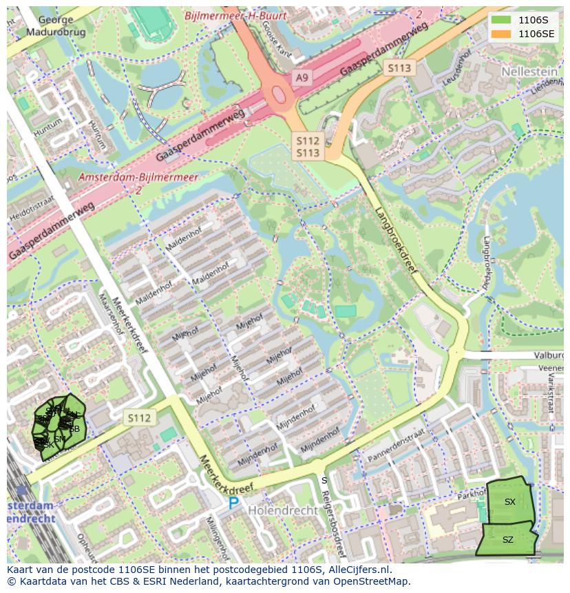 Afbeelding van het postcodegebied 1106 SE op de kaart.