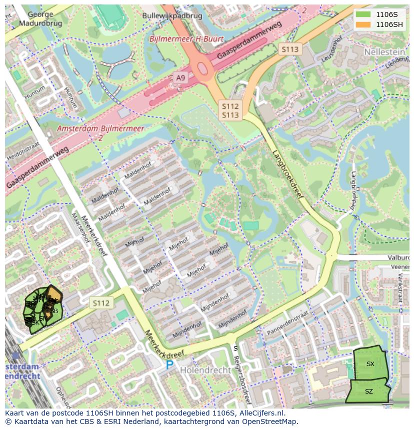 Afbeelding van het postcodegebied 1106 SH op de kaart.