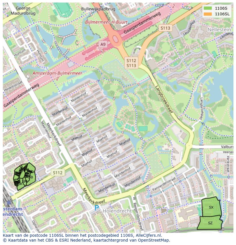 Afbeelding van het postcodegebied 1106 SL op de kaart.