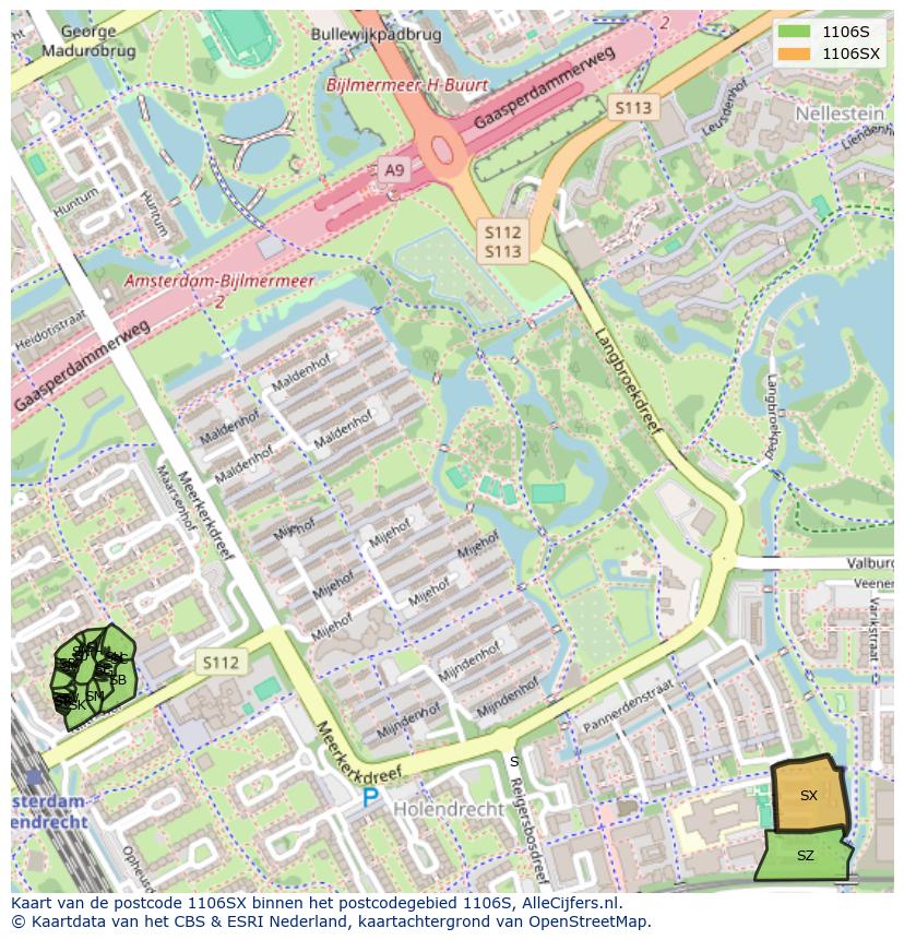 Afbeelding van het postcodegebied 1106 SX op de kaart.