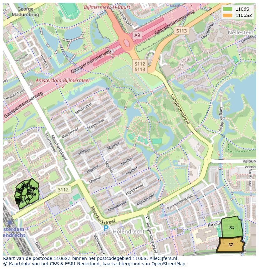 Afbeelding van het postcodegebied 1106 SZ op de kaart.