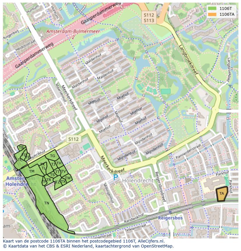 Afbeelding van het postcodegebied 1106 TA op de kaart.