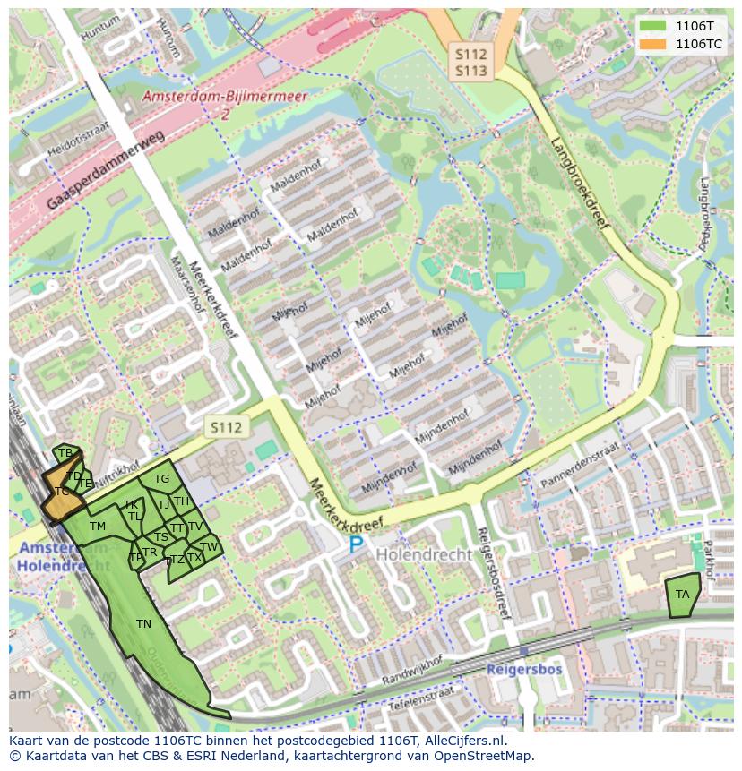 Afbeelding van het postcodegebied 1106 TC op de kaart.