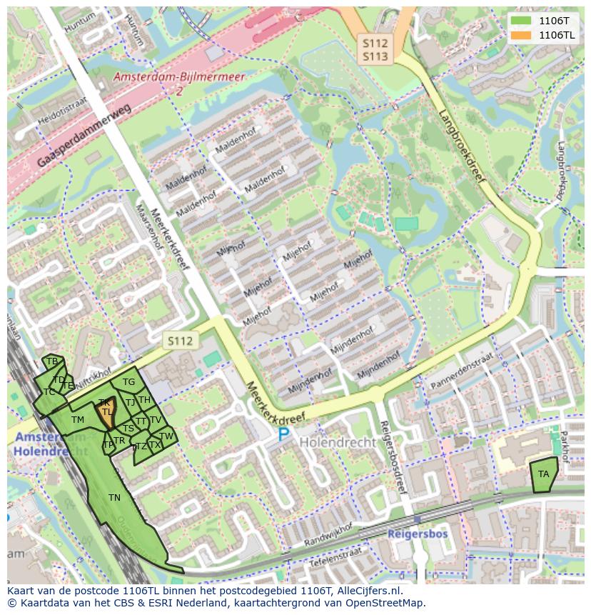 Afbeelding van het postcodegebied 1106 TL op de kaart.