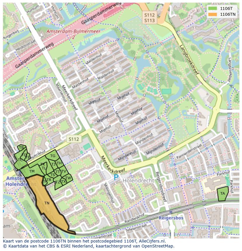 Afbeelding van het postcodegebied 1106 TN op de kaart.