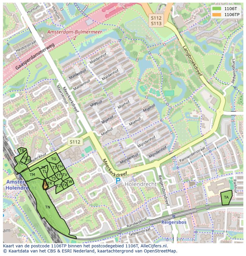 Afbeelding van het postcodegebied 1106 TP op de kaart.
