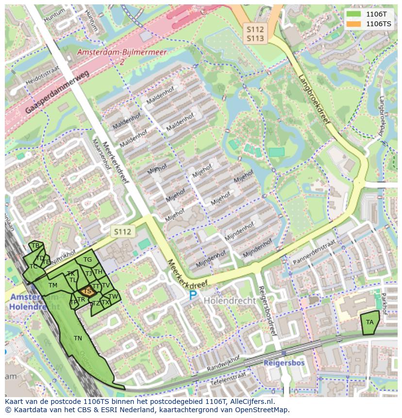 Afbeelding van het postcodegebied 1106 TS op de kaart.
