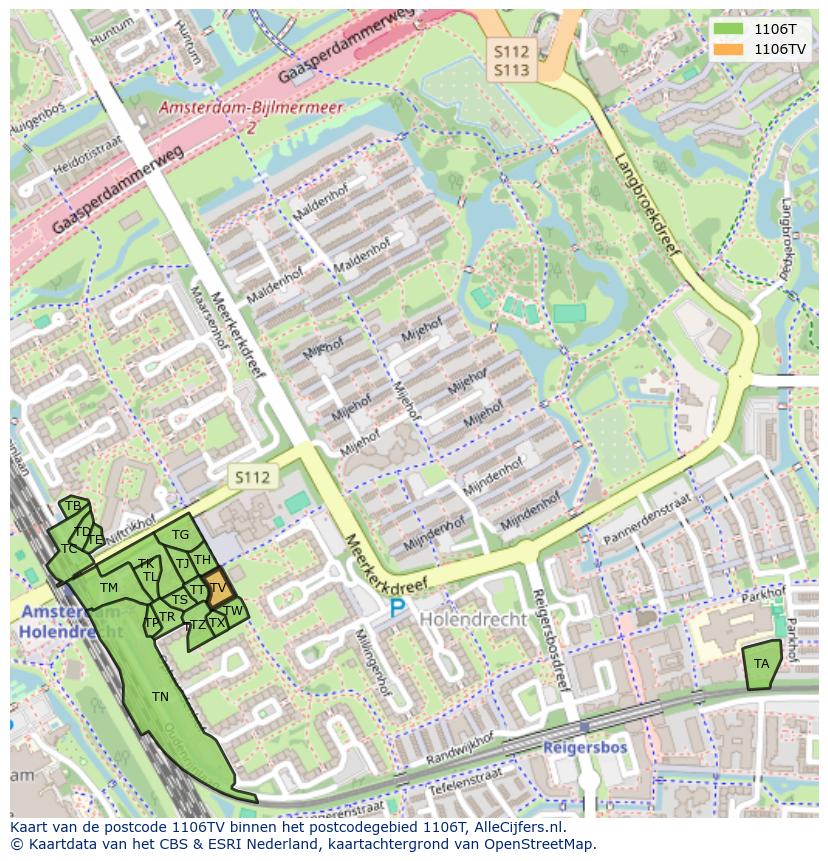 Afbeelding van het postcodegebied 1106 TV op de kaart.