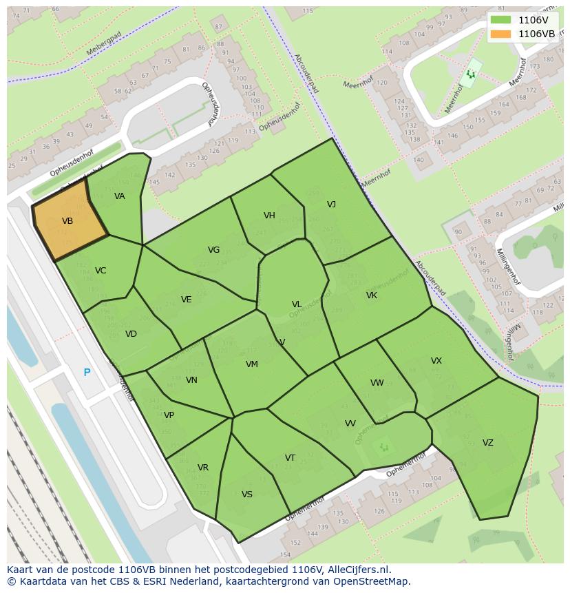 Afbeelding van het postcodegebied 1106 VB op de kaart.
