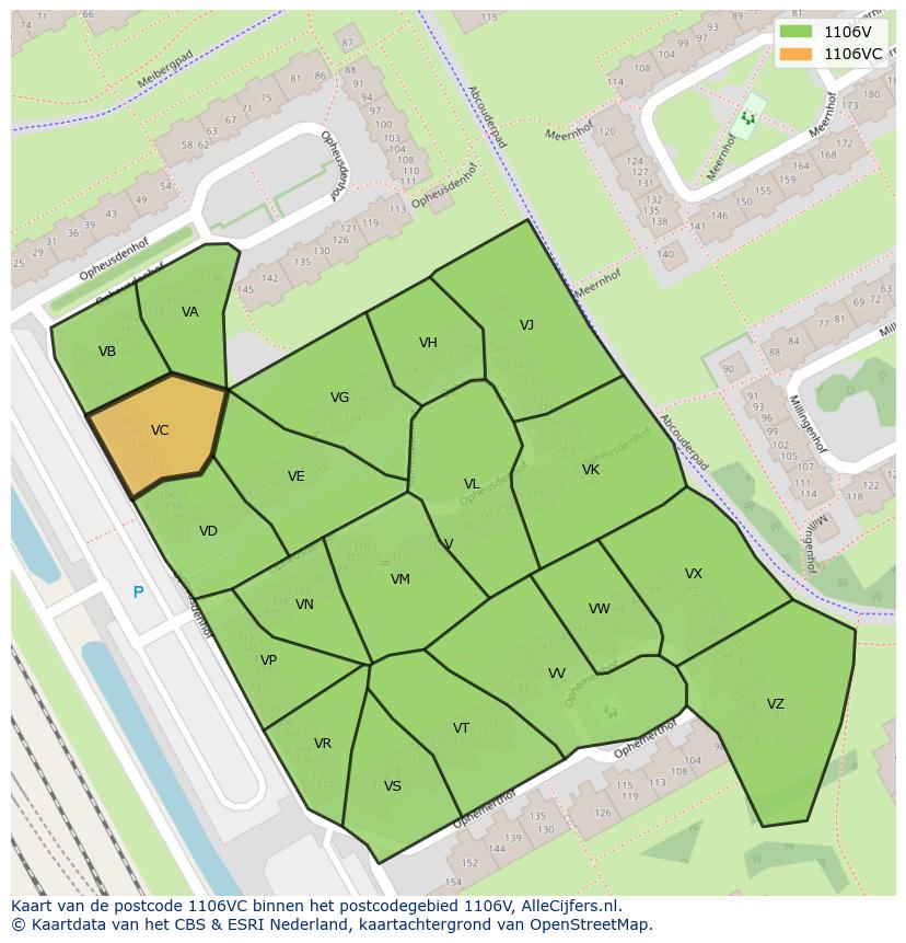 Afbeelding van het postcodegebied 1106 VC op de kaart.