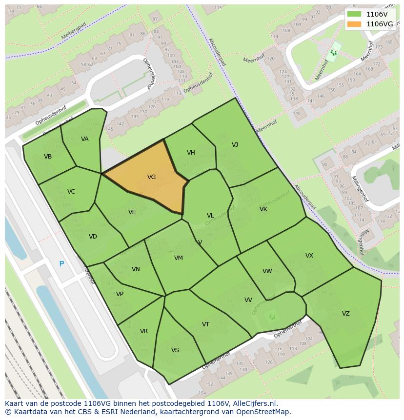 Afbeelding van het postcodegebied 1106 VG op de kaart.