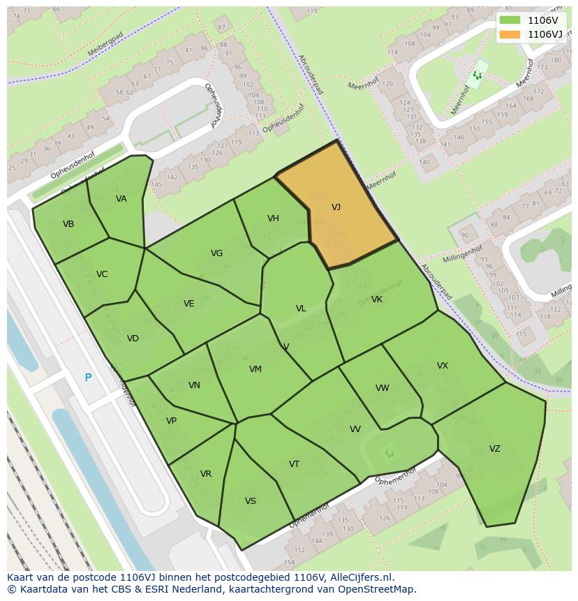 Afbeelding van het postcodegebied 1106 VJ op de kaart.
