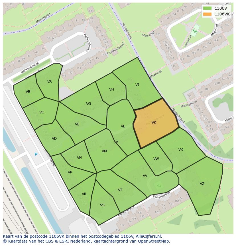 Afbeelding van het postcodegebied 1106 VK op de kaart.