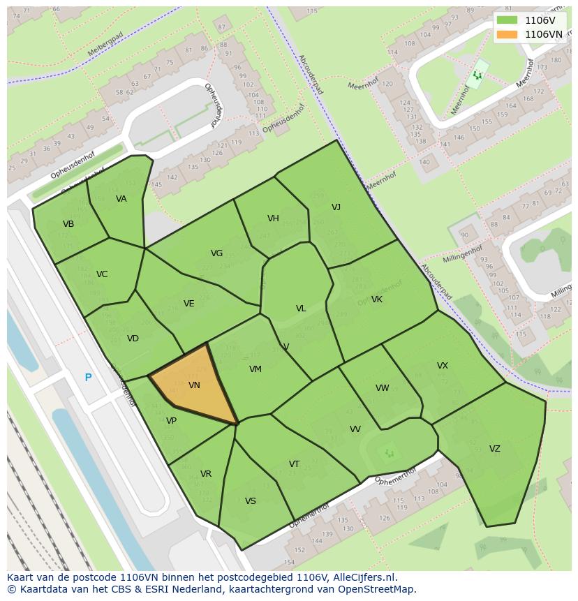 Afbeelding van het postcodegebied 1106 VN op de kaart.