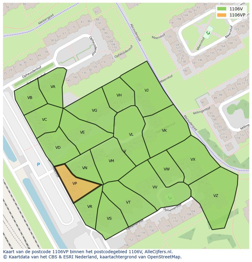 Afbeelding van het postcodegebied 1106 VP op de kaart.