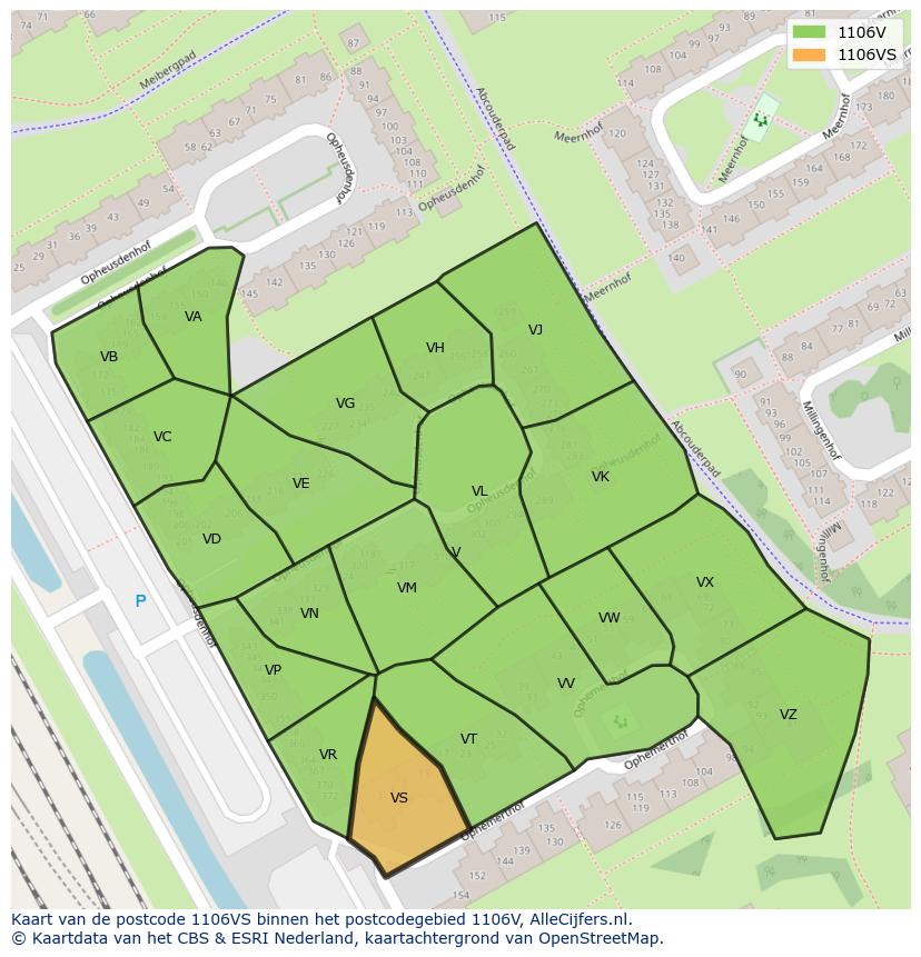Afbeelding van het postcodegebied 1106 VS op de kaart.
