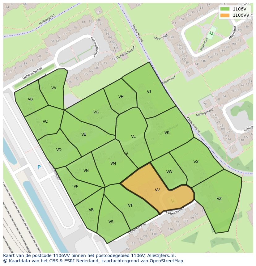 Afbeelding van het postcodegebied 1106 VV op de kaart.