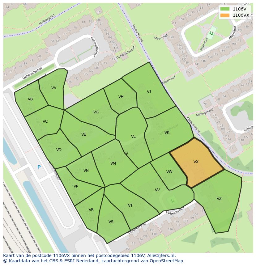Afbeelding van het postcodegebied 1106 VX op de kaart.