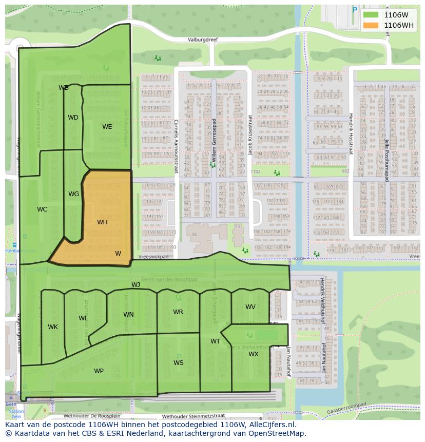 Afbeelding van het postcodegebied 1106 WH op de kaart.