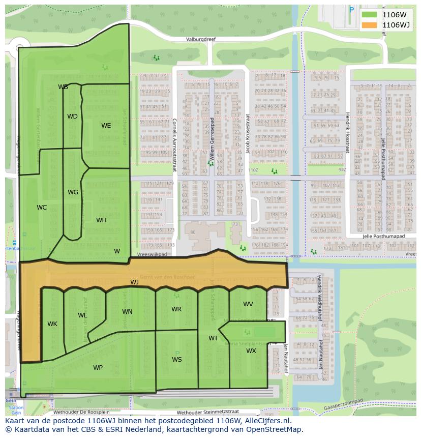 Afbeelding van het postcodegebied 1106 WJ op de kaart.