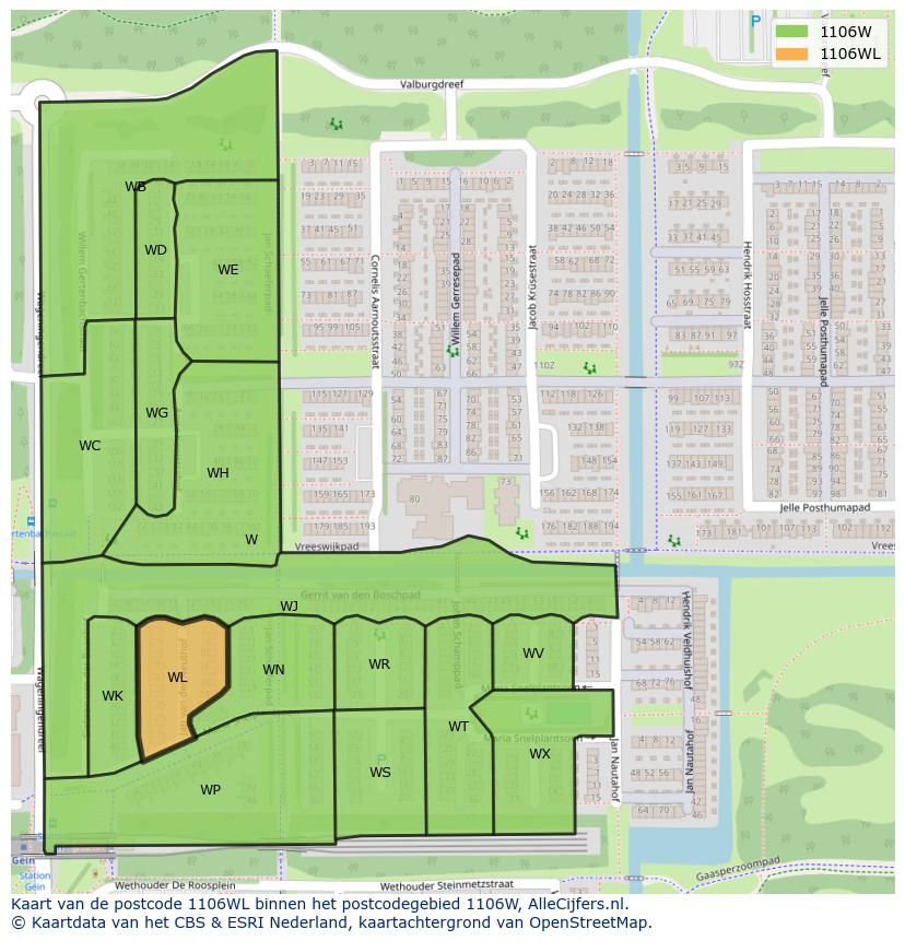 Afbeelding van het postcodegebied 1106 WL op de kaart.