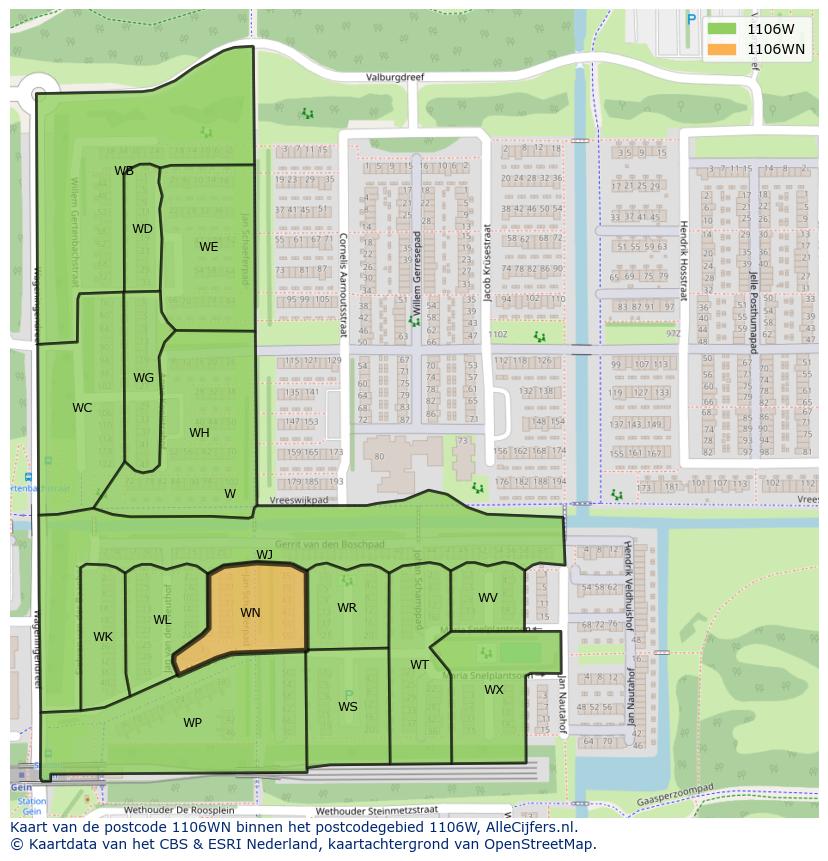 Afbeelding van het postcodegebied 1106 WN op de kaart.