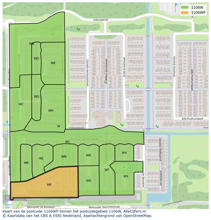 Afbeelding van het postcodegebied 1106 WP op de kaart.