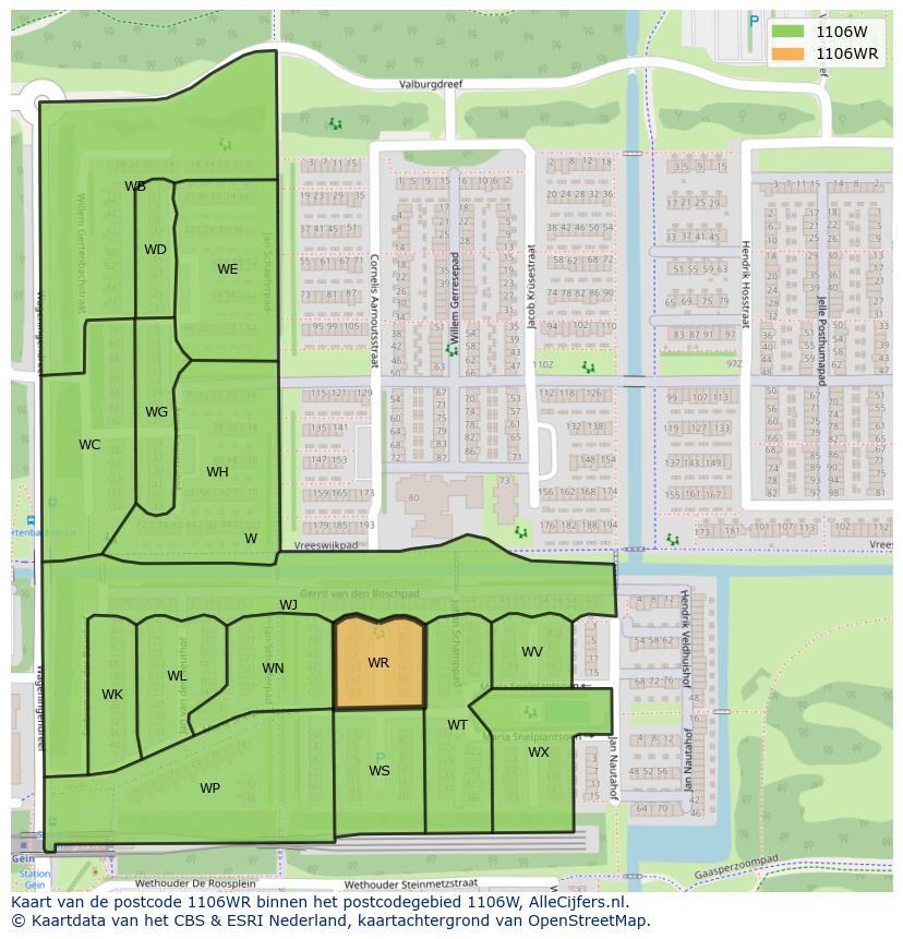 Afbeelding van het postcodegebied 1106 WR op de kaart.