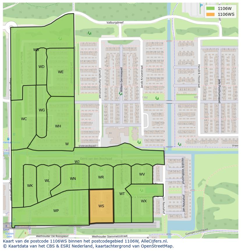 Afbeelding van het postcodegebied 1106 WS op de kaart.
