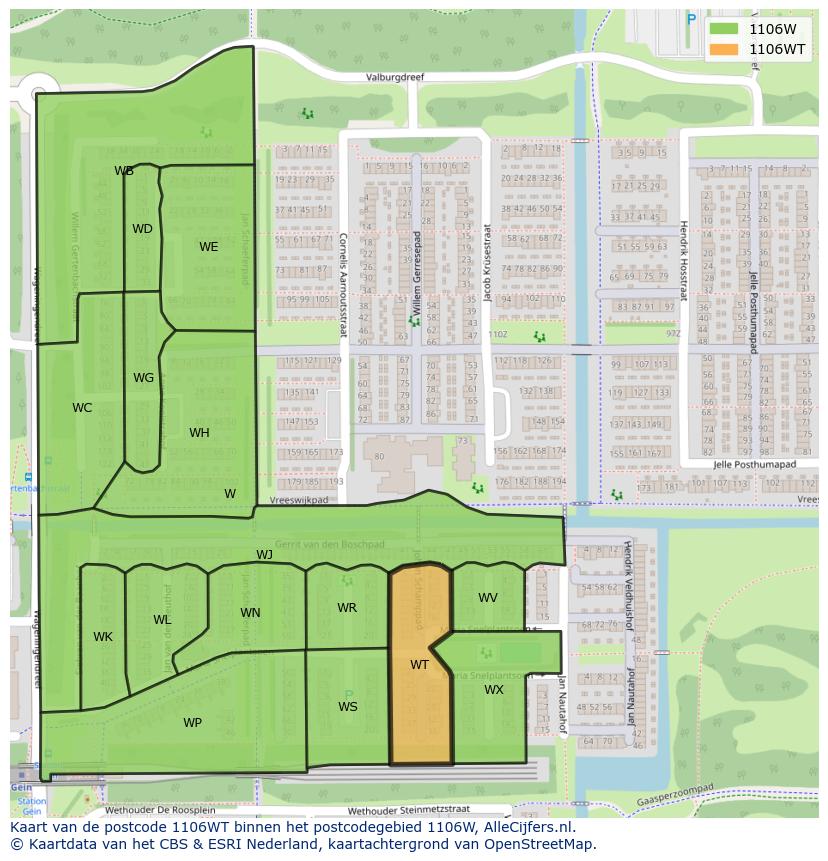 Afbeelding van het postcodegebied 1106 WT op de kaart.