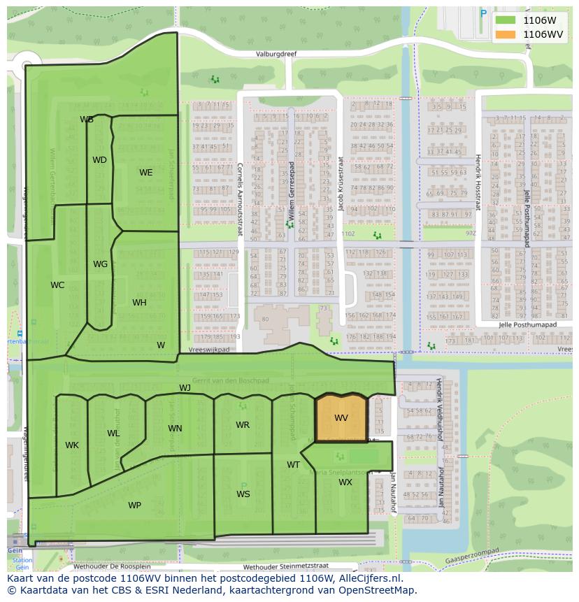 Afbeelding van het postcodegebied 1106 WV op de kaart.