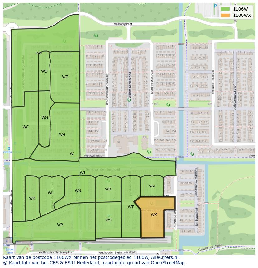 Afbeelding van het postcodegebied 1106 WX op de kaart.