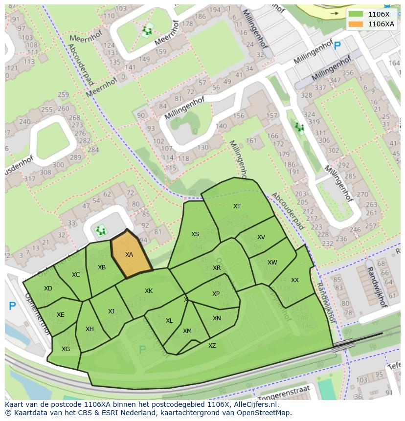Afbeelding van het postcodegebied 1106 XA op de kaart.