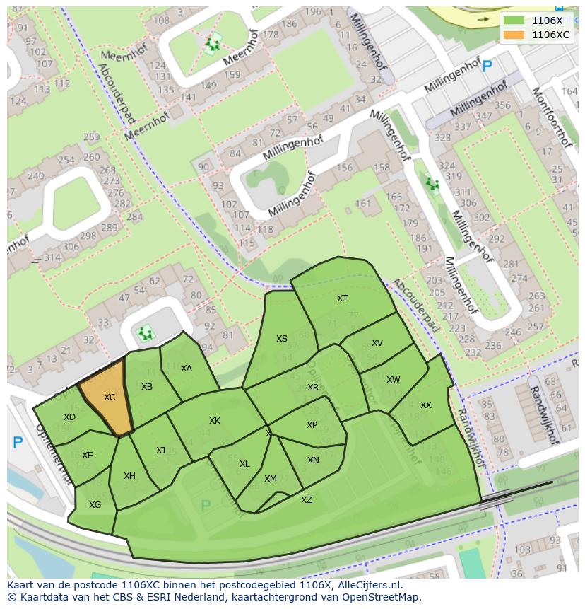 Afbeelding van het postcodegebied 1106 XC op de kaart.