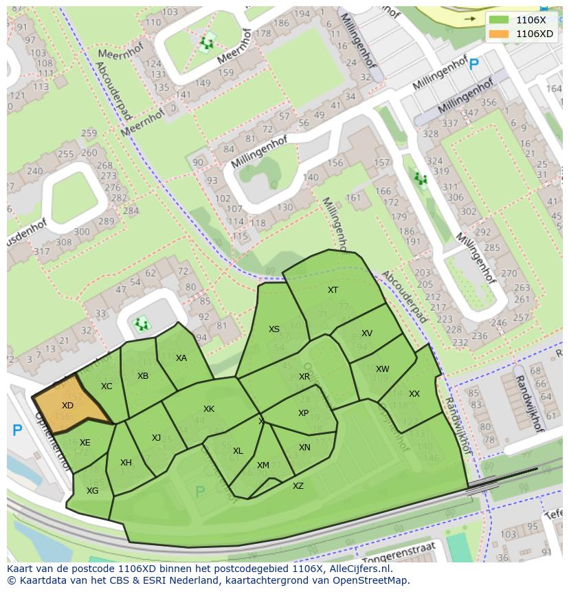 Afbeelding van het postcodegebied 1106 XD op de kaart.