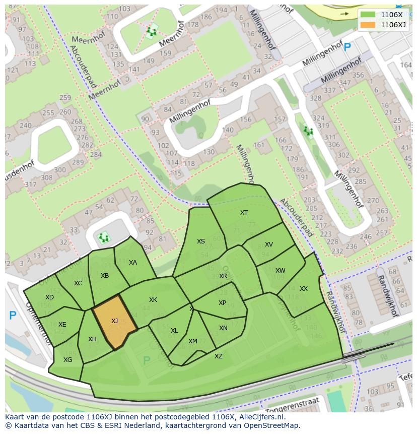 Afbeelding van het postcodegebied 1106 XJ op de kaart.