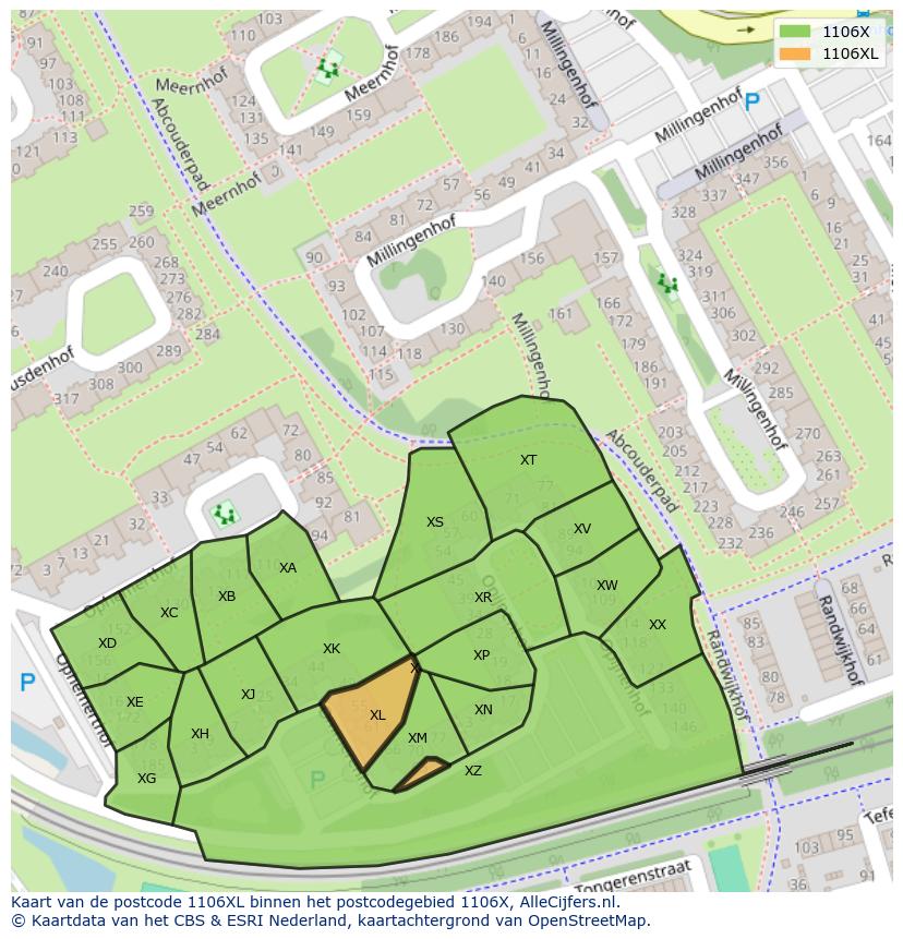 Afbeelding van het postcodegebied 1106 XL op de kaart.