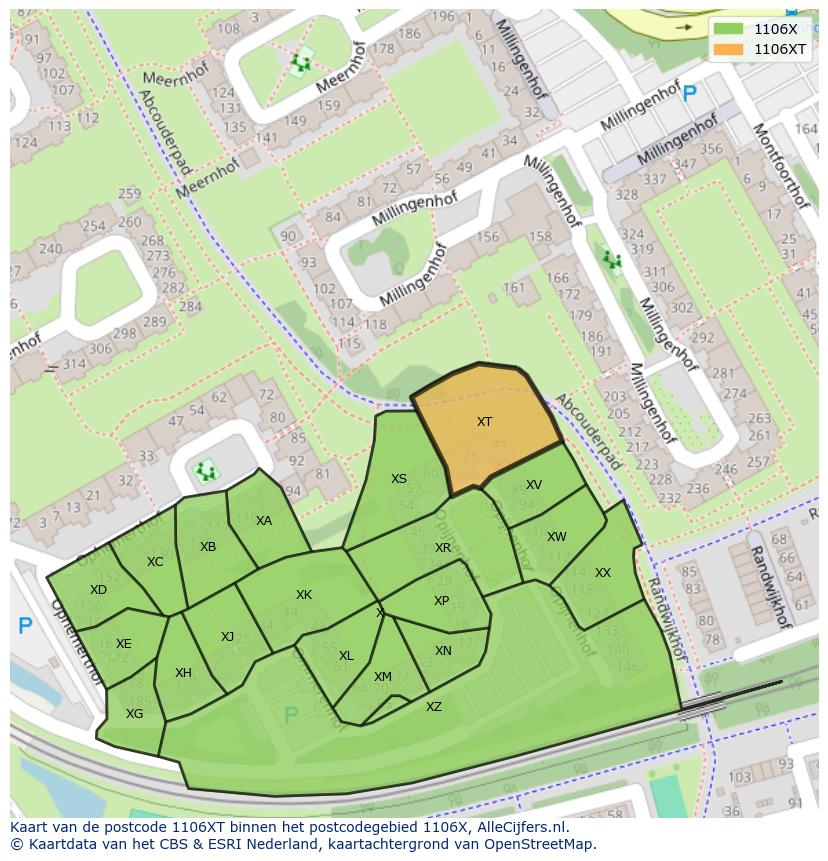 Afbeelding van het postcodegebied 1106 XT op de kaart.