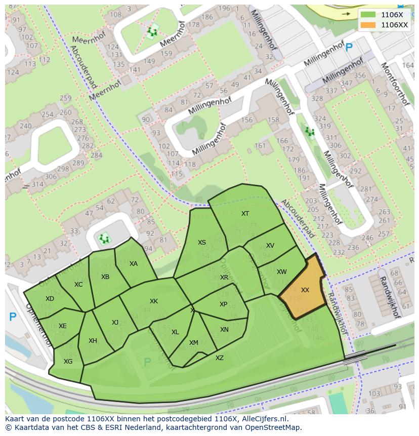 Afbeelding van het postcodegebied 1106 XX op de kaart.