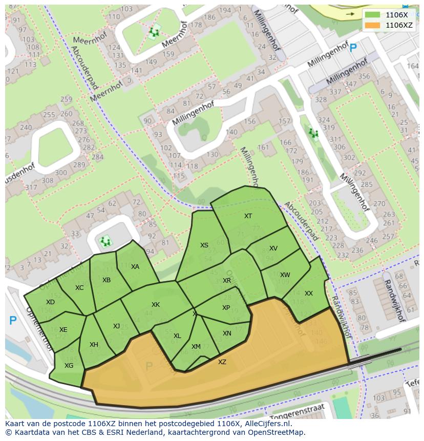 Afbeelding van het postcodegebied 1106 XZ op de kaart.