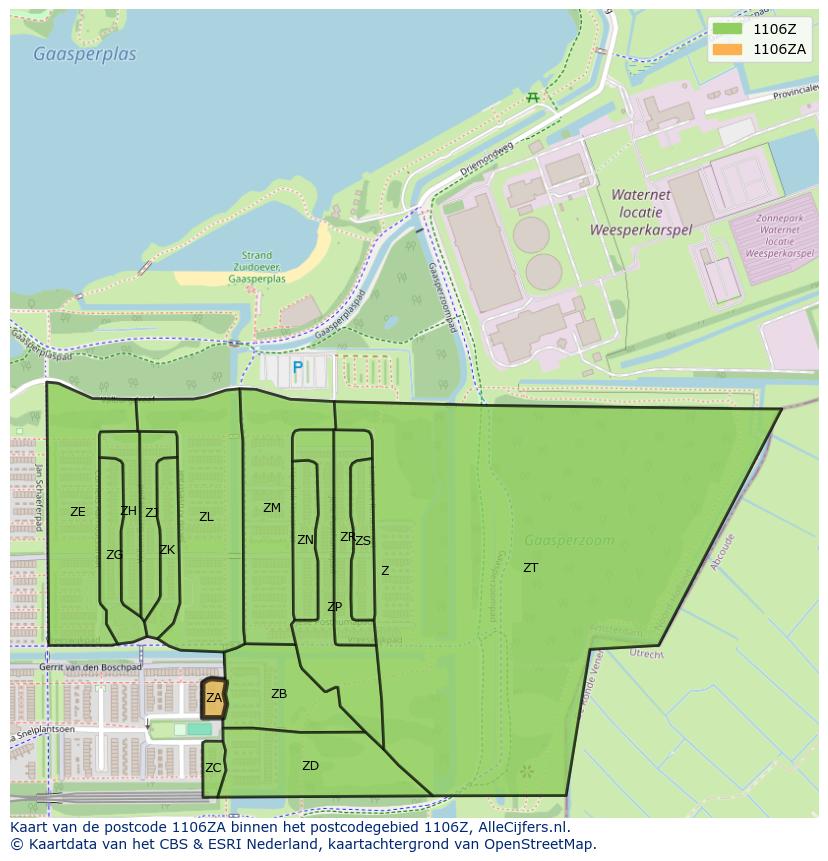 Afbeelding van het postcodegebied 1106 ZA op de kaart.