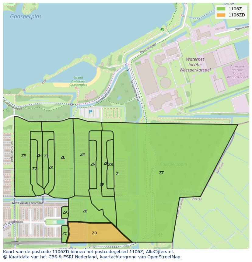 Afbeelding van het postcodegebied 1106 ZD op de kaart.