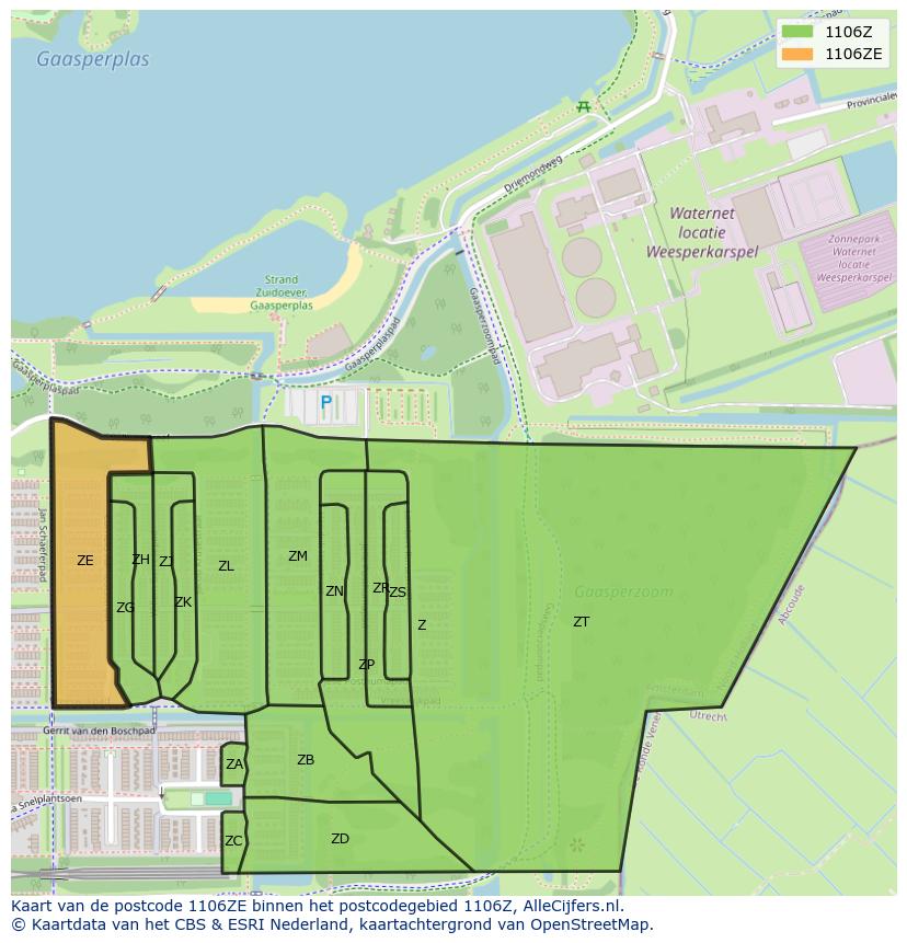 Afbeelding van het postcodegebied 1106 ZE op de kaart.