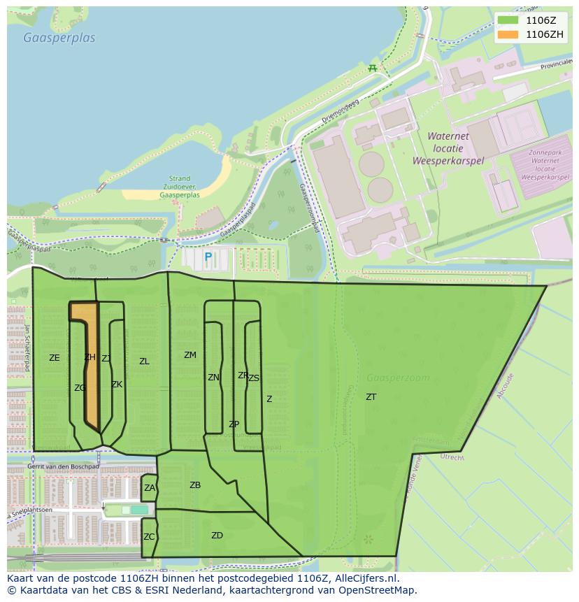 Afbeelding van het postcodegebied 1106 ZH op de kaart.