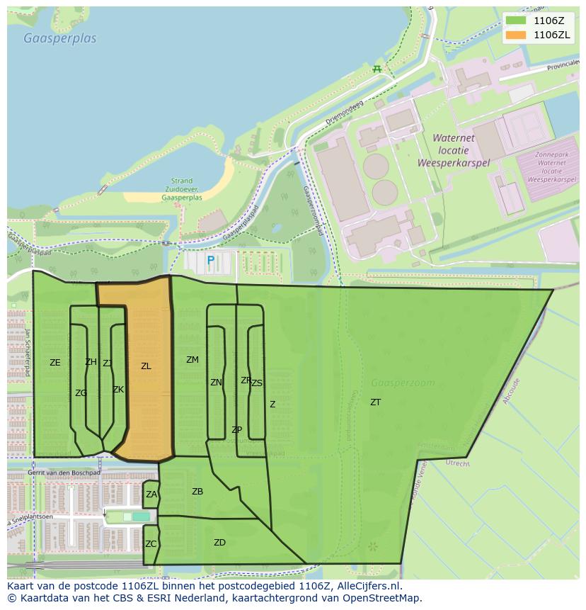 Afbeelding van het postcodegebied 1106 ZL op de kaart.