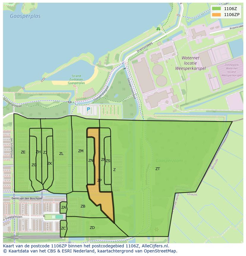 Afbeelding van het postcodegebied 1106 ZP op de kaart.