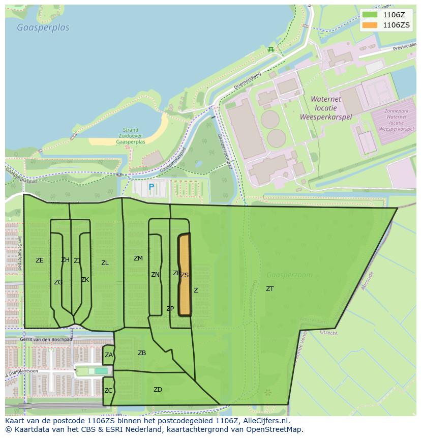 Afbeelding van het postcodegebied 1106 ZS op de kaart.