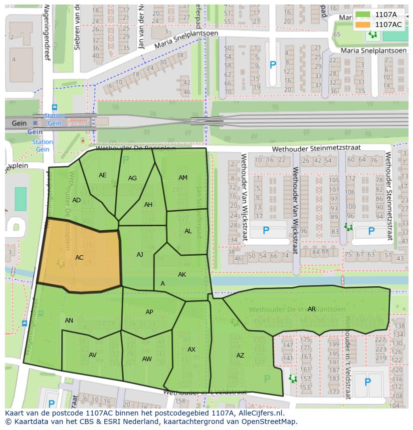 Afbeelding van het postcodegebied 1107 AC op de kaart.