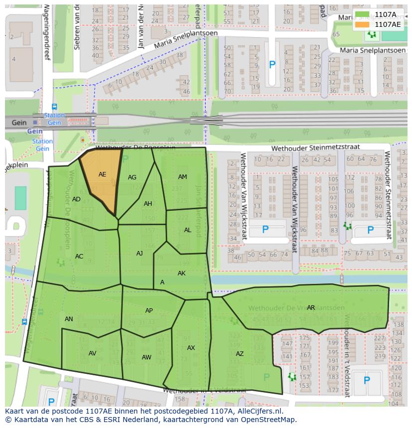 Afbeelding van het postcodegebied 1107 AE op de kaart.